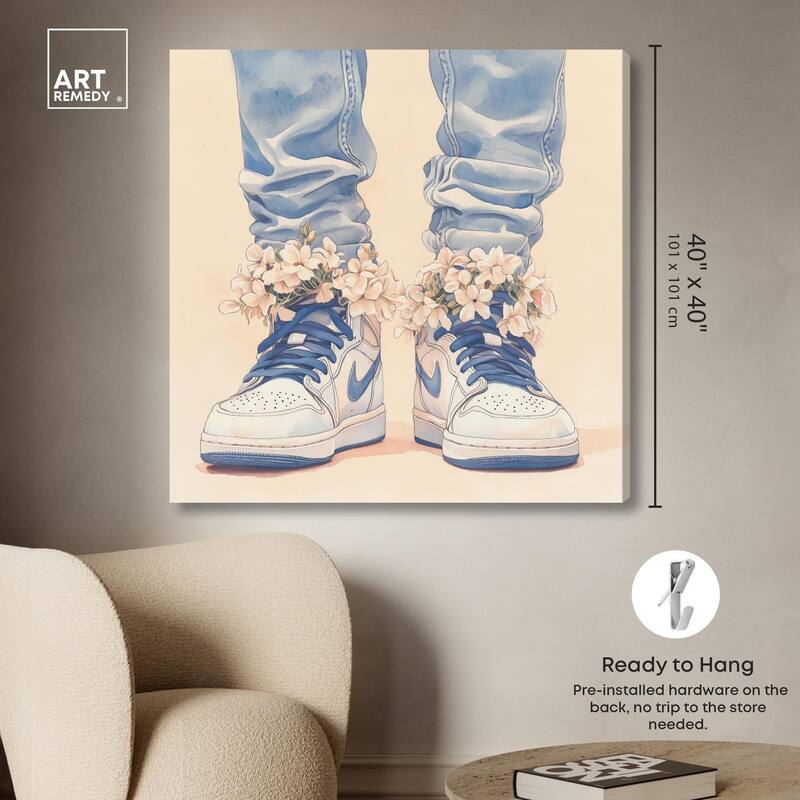 Gentle Blue Sneakers and Flowers Canvas by Art Remedy, Gallery Wrapped