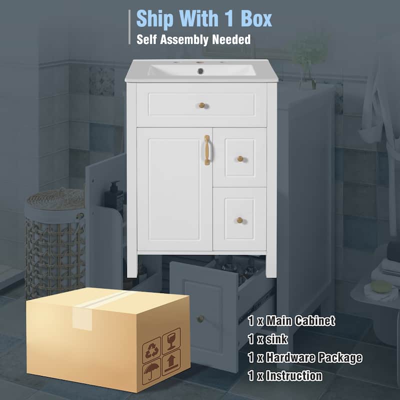 24" Bathroom Vanity with Ceramic Sink, White Free Standing Cabinet with 1 Door, 2 Drawers, and Door Storage Rack