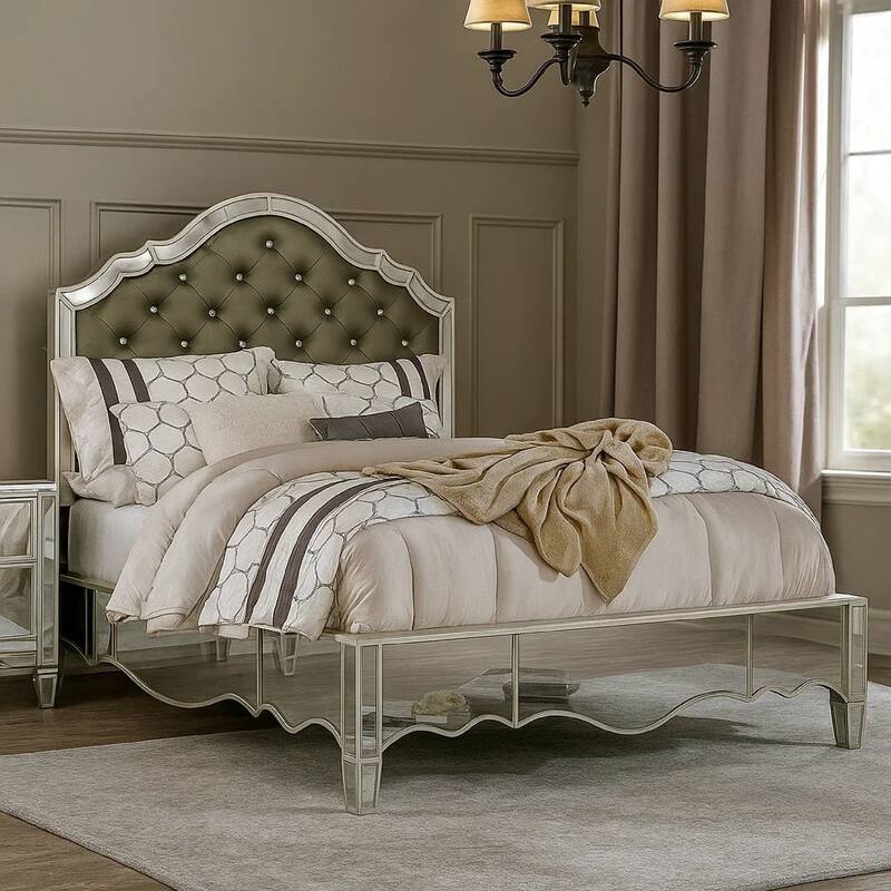 Mila Queen Bed, Carved Button Tufted Faux Leather Upholstery, Mirrored, Silver