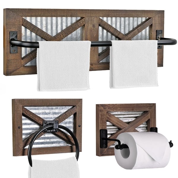 Autumn Alley Farmhouse Toilet Paper Holder, Towel Ring, Towel Rack Set, 3PCS, Wall Mount, Rustic Woode, Brown or White - Brown