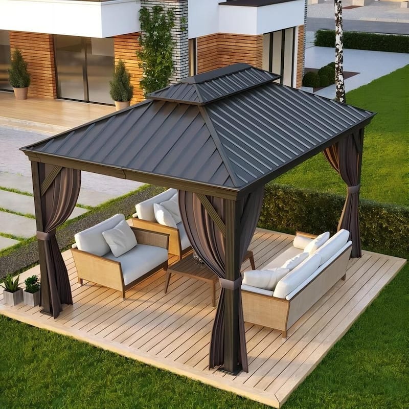 PURPLE LEAF Outdoor Galvanized Steel Hardtop Gazebo, Aluminum Frame Gazebo With Curtains - 10' x 12' - Grey