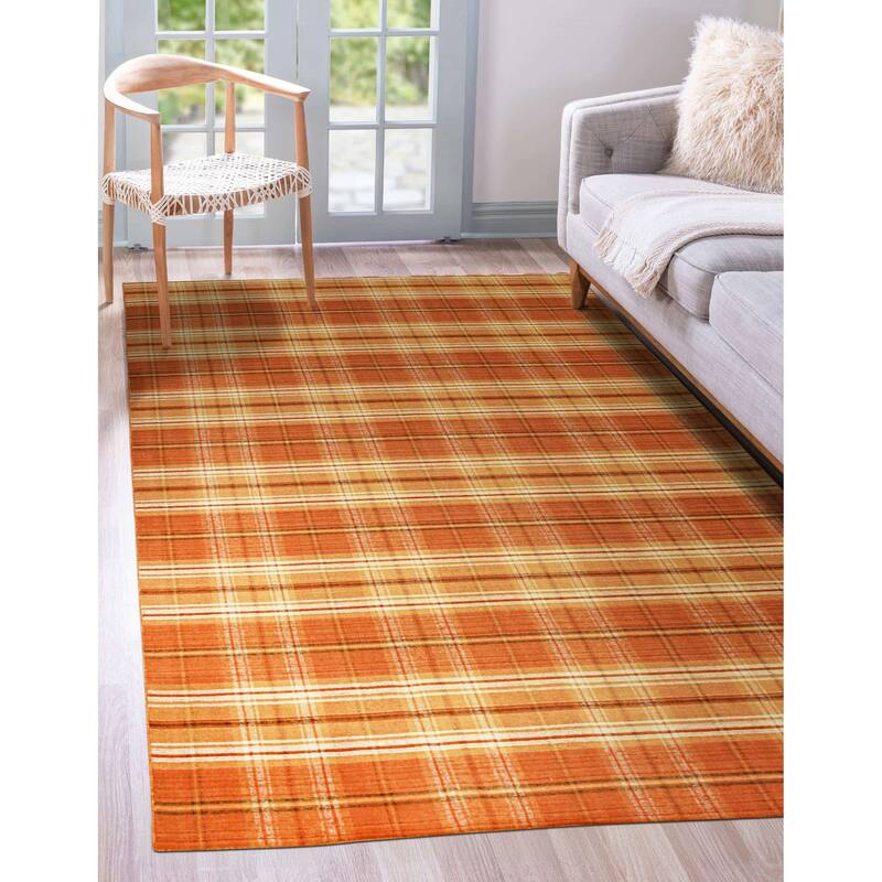 Home Decor EORC Hand-Knotted Wool Plaid Rug, Orange Stylish and Durable Area Rug for Adding Warmth and Texture to You