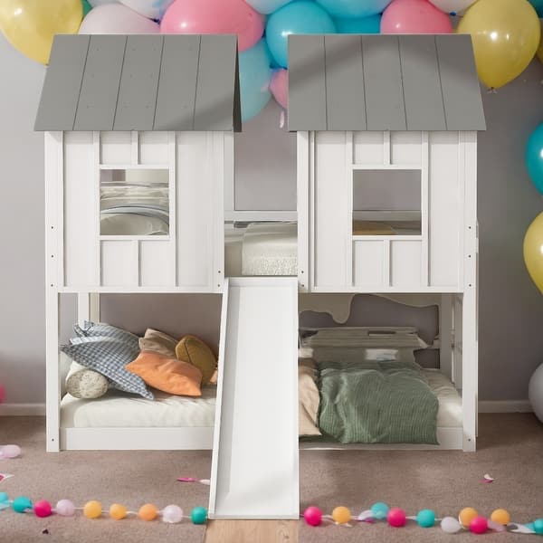 slide 2 of 12, Twin over Twin House & Slide Design Bunk Bed with Slide and Windows,Better Sleeping Environment,No Box Spring Required,White White