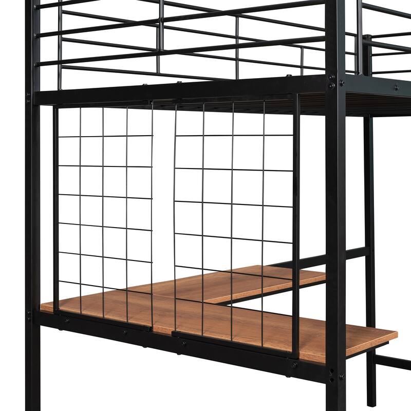 Metal Loft Bed with Desk and Grid for Twin/Full Size, Modern Space-Saver