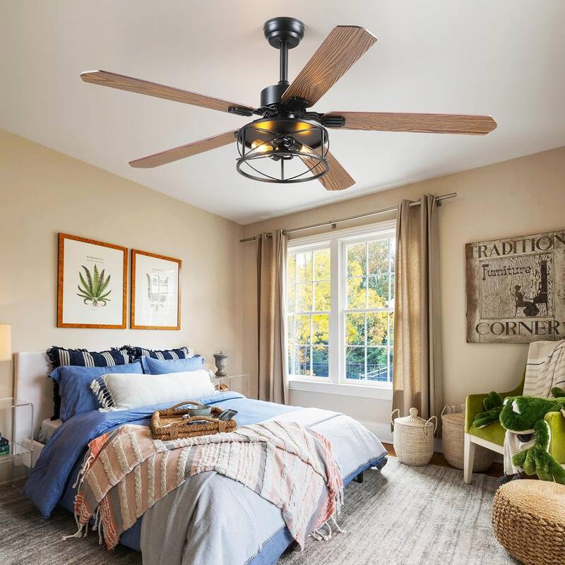 52 Inch Indoor and Outdoor Farmhouse Ceiling Fan with Light DC motor Wooden Blades Waterproof