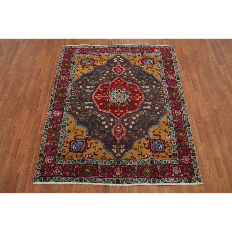 Hand Knotted Oriental 100% Wool Carpet Traditional Floral Greys & Charcoal Tabriz Area Rug - 6' 2'' X 5' 1''