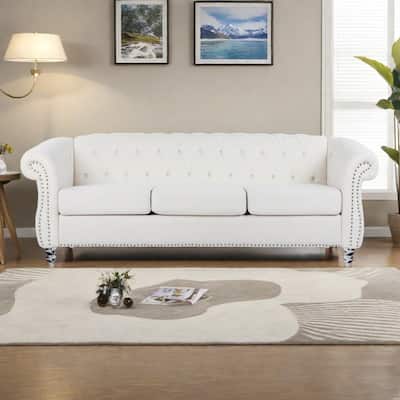 84.65" Polyester Chesterfield Sofa with Rolled Arms (3-Seater)