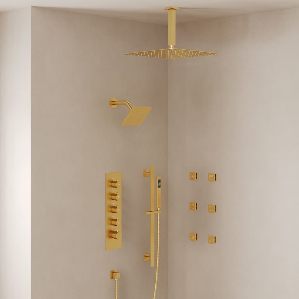 Thermostatic Rainfall Shower System with Handheld Spray, 16" & 6" Dual Shower Head and 6 Body Jets