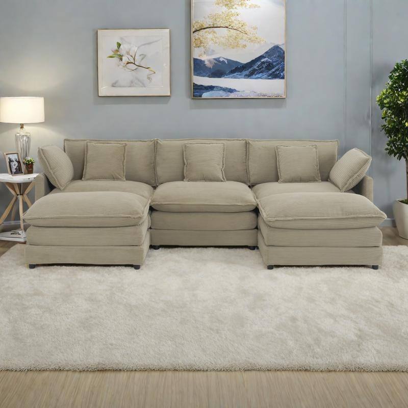 112.6" Corduroy Modular Sectional Sofa with Ottoman and Storage Pockets - Brown