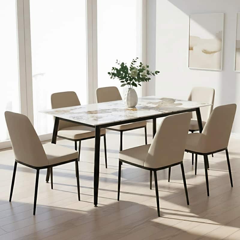 Zayle Series Modern Rectangular Dining Table with Glass or Sintered Stone Top and Powder-Coated Steel Base for Kitchen