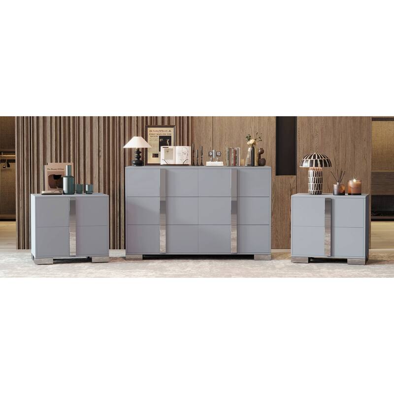 3-Pieces Sets, Elegant 6 Drawers Dresser And Two Nightstands, Storage Cabinet And Bedside Table With Metal Handles