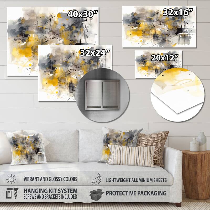 Designart "Yellow Grey Beyond The Canvas II" Abstract Shapes Metal Wall Art Living Room