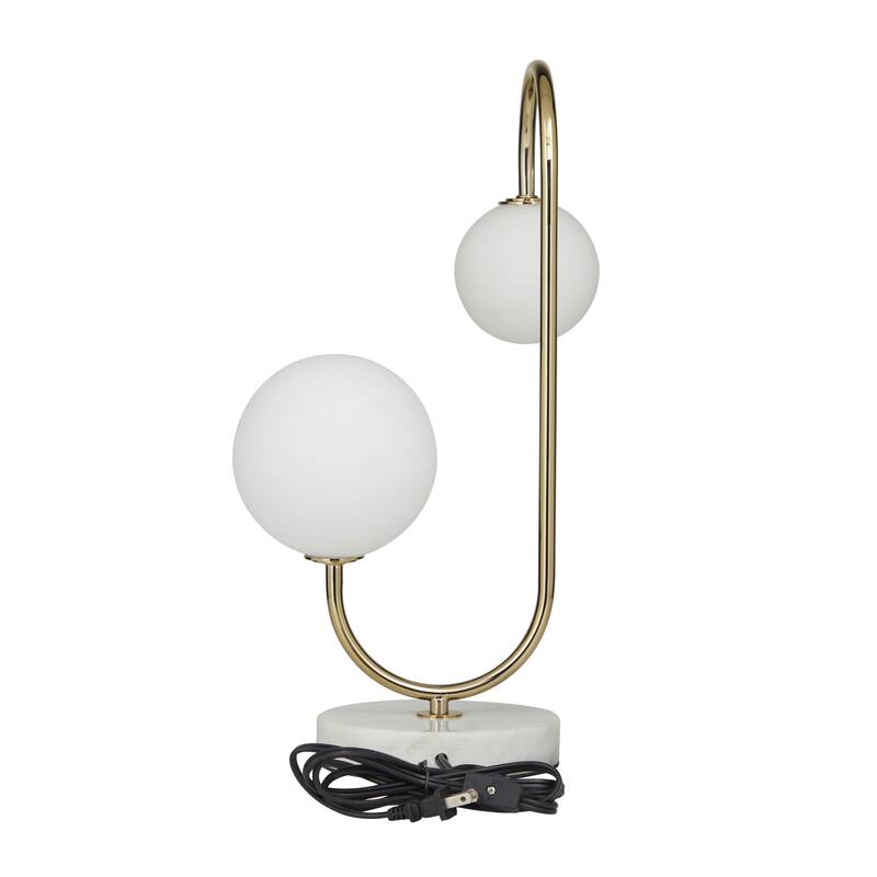 Metal Curved Orb 2 Light Room Table Lamp with White Glass Shades and Marble Base - Gold - Roche River Decor