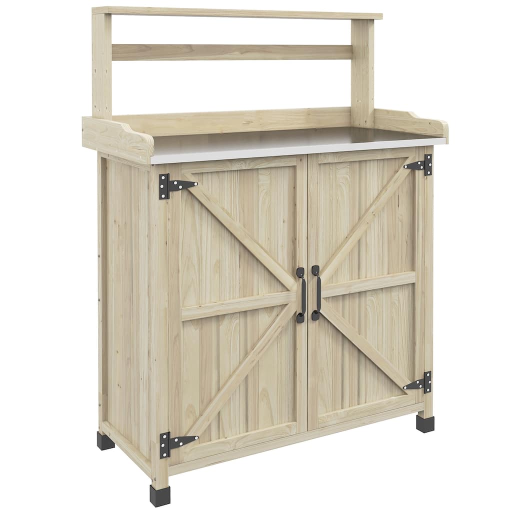 Outside Potting Bench Table, Wooden Potting Table with Storage Cabinet, Garden Work Bench with Galvanized Plated Tabletop