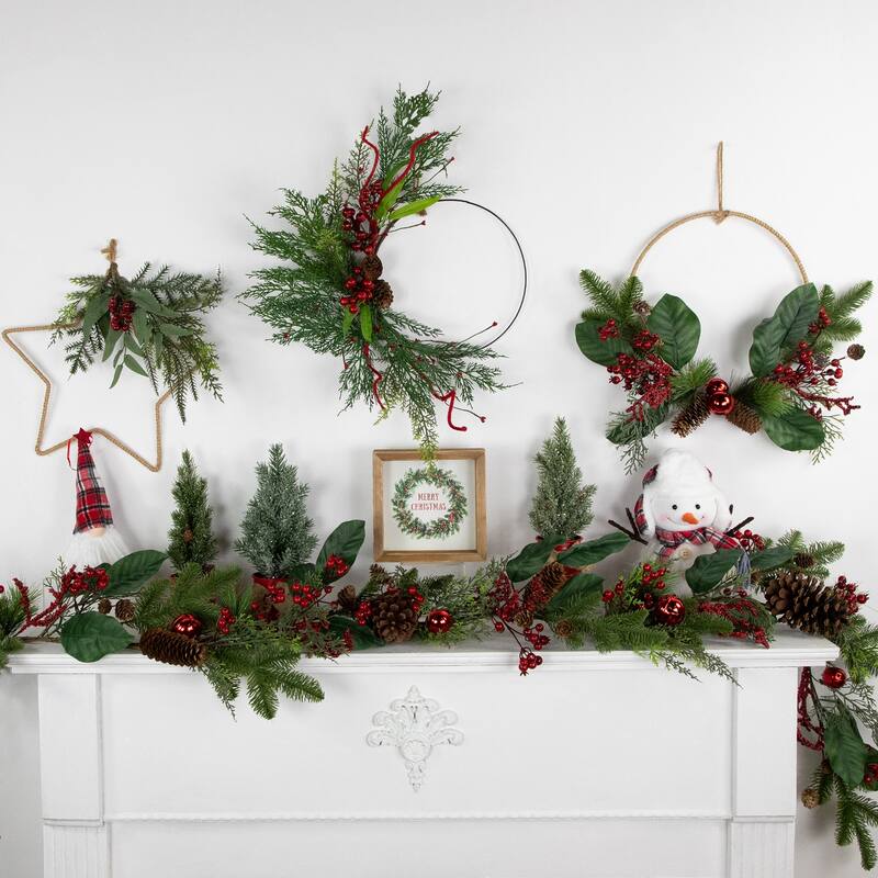 Mixed Greenery and Berry Artificial Asymmetrical Christmas Wreath 18-Inch Unlit - 18"