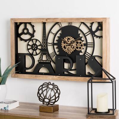 Glitzhome 30"L Industrial Metal Eiffel Tower Silhouette Wall Clock w/ Gear Moving