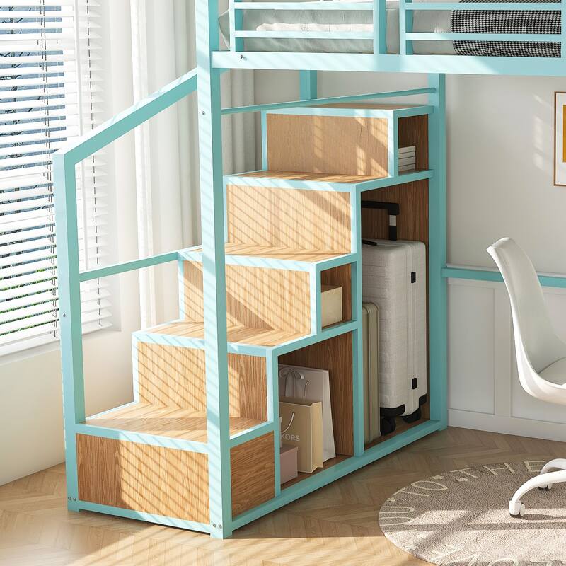 Full Loft Bed with Desk, Storage, and Charging Station - Space-Saving Metal Frame for Kids/Teens