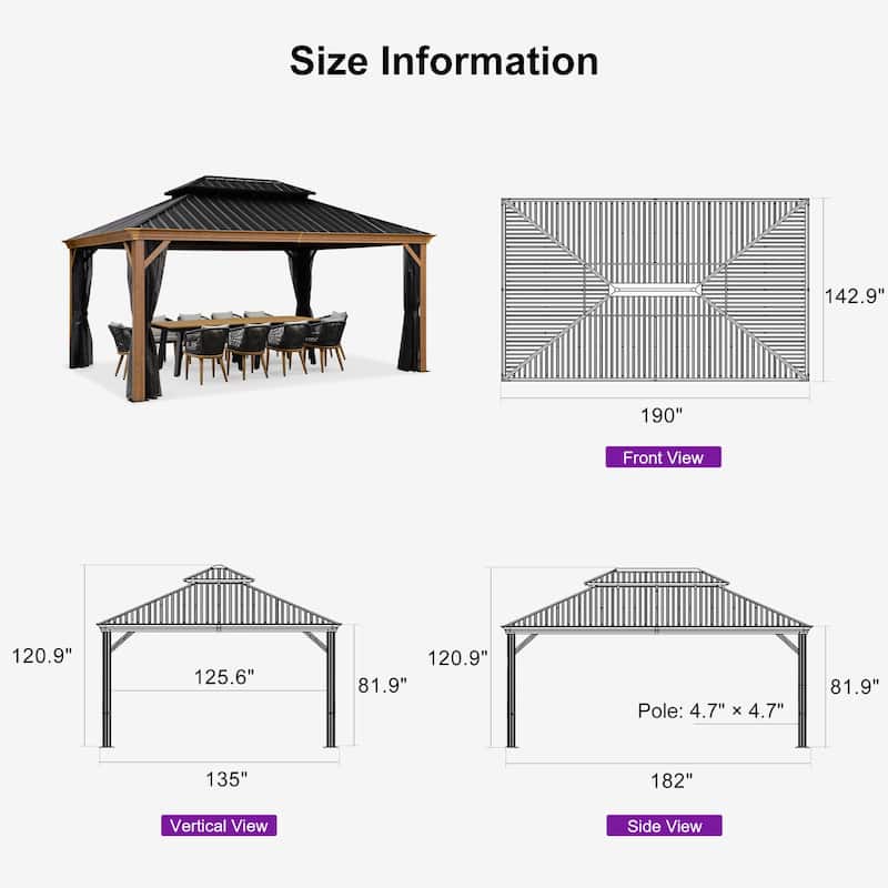 PURPLE LEAF Hardtop Gazebo Galvanized Steel Roof Gazebo Pergola w Wooden Coated Alumninum Frame and Mosquito Net