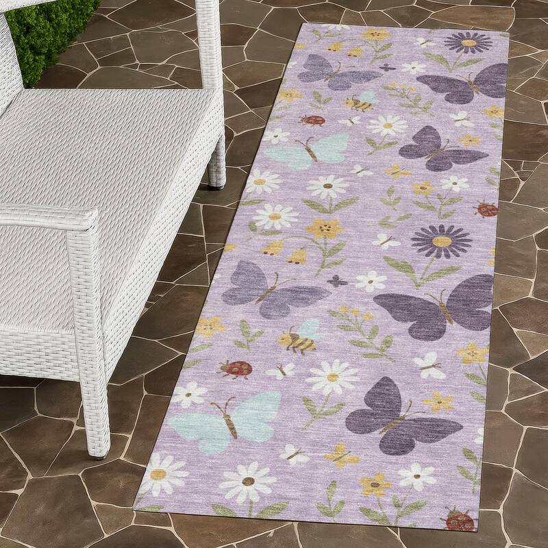 Machine Washable Indoor/ Outdoor Whimsy Butterfly Chantille Rug - Lavender - 2'3" x 7'6"