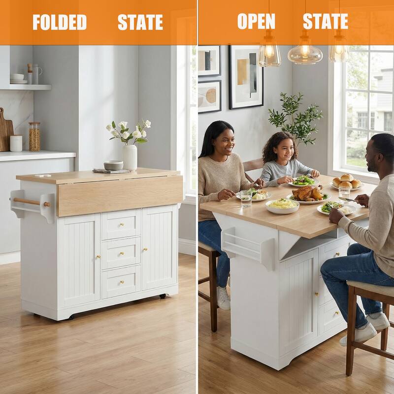 Rossetta Classic Versatile Design Folding Rolling Kitchen Island with Extendable Countertop and Power Outlet