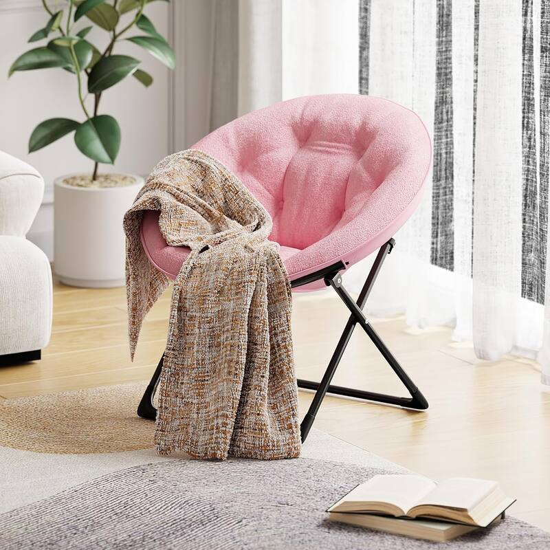 Comfy Folding Saucer Chair for Bedroom, Faux Fur Lounge Moon Chair with Sturdy Metal Frame, Oversized Plush Flower