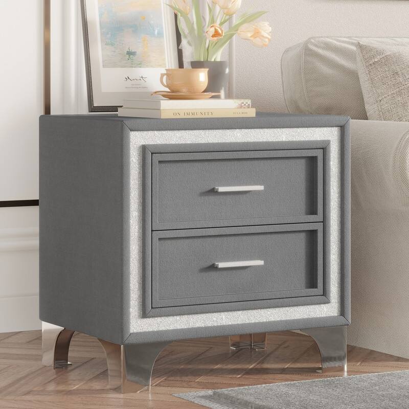 Vintage Nightstand with Metal Legs, Velvet Bedside Table with 2 Drawers