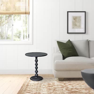 Shae 22 Inch Round Side End Table - Matte Black Aluminum Cast, Hammered Texture, Turned Pedestal Post