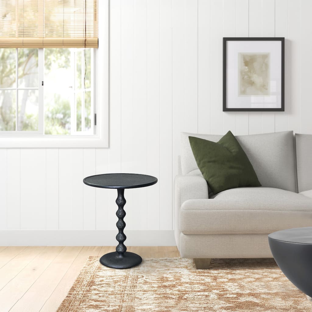 Shae 22 Inch Round Side End Table - Matte Black Aluminum Cast, Hammered Texture, Turned Pedestal Post