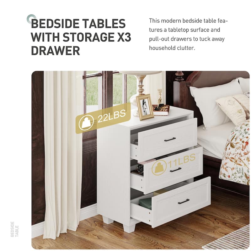 Wood - Grain 3 - Drawer Nightstand with Ample Storage Bedside Table Side Cabinet