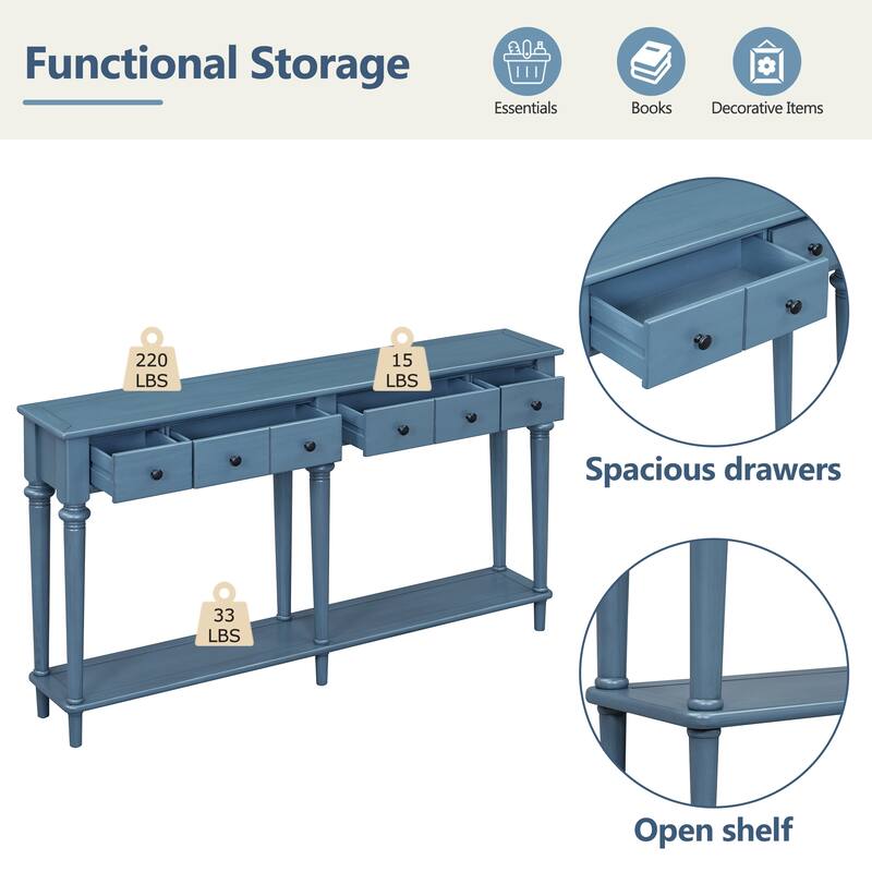 Navy Blue Versatile Hallway Table Side Table with 4 Storage Drawers, Accent Table Sofa Table with Bottom Open Shelf