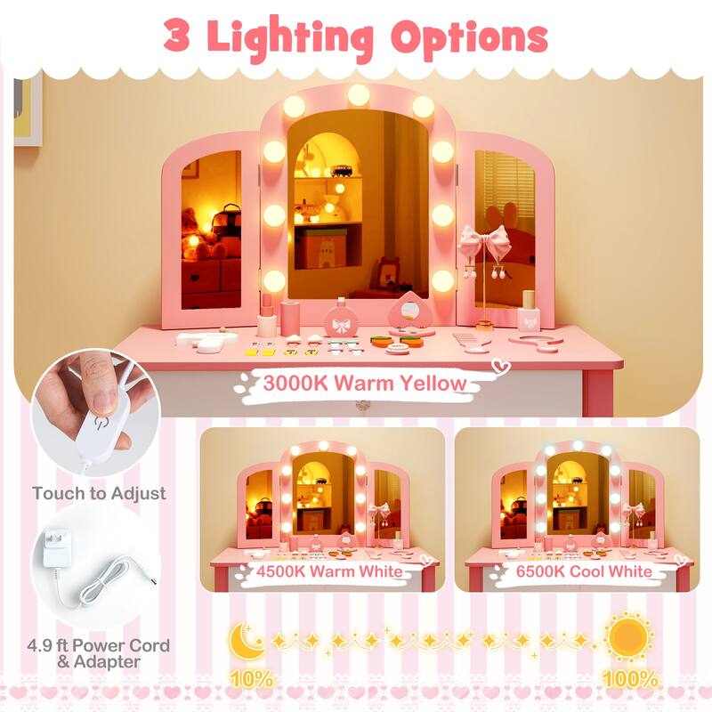 Gymax Kids Vanity Table Set 2-in-1 Princess Makeup Dressing Desk