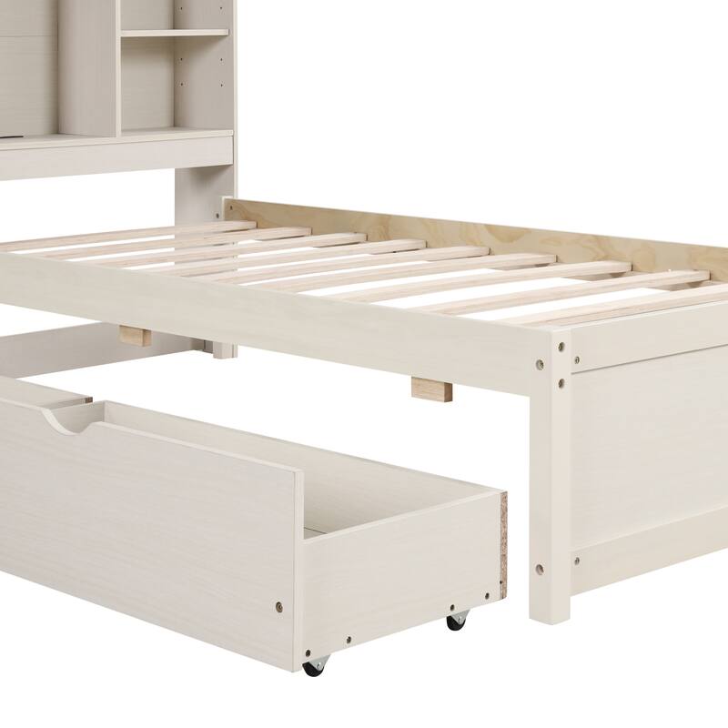 Modern Twin Size Bed Frame with USB Port, Bookcase Headboard & 2 Drawers in White Washed Finish