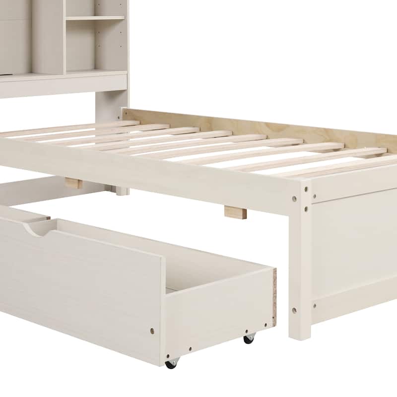 Modern Twin Size Bed with USB Port and Bookcase Headboard