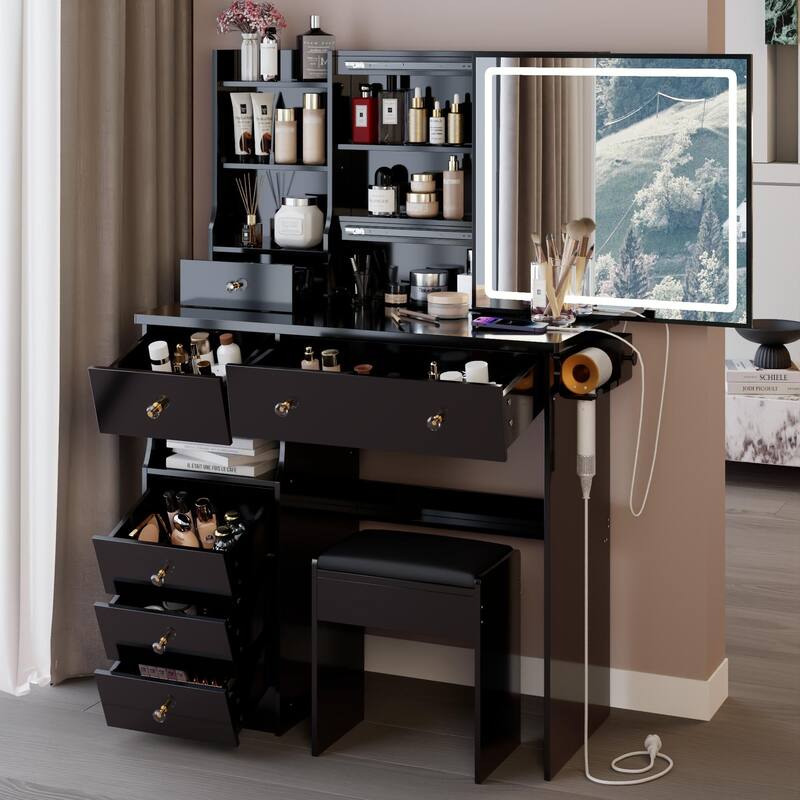 37" Middle Size Left Drawer Desktop Vanity Table + Cushioned Stool Dresser Set, Large Touch Control LED Sliding Mirror