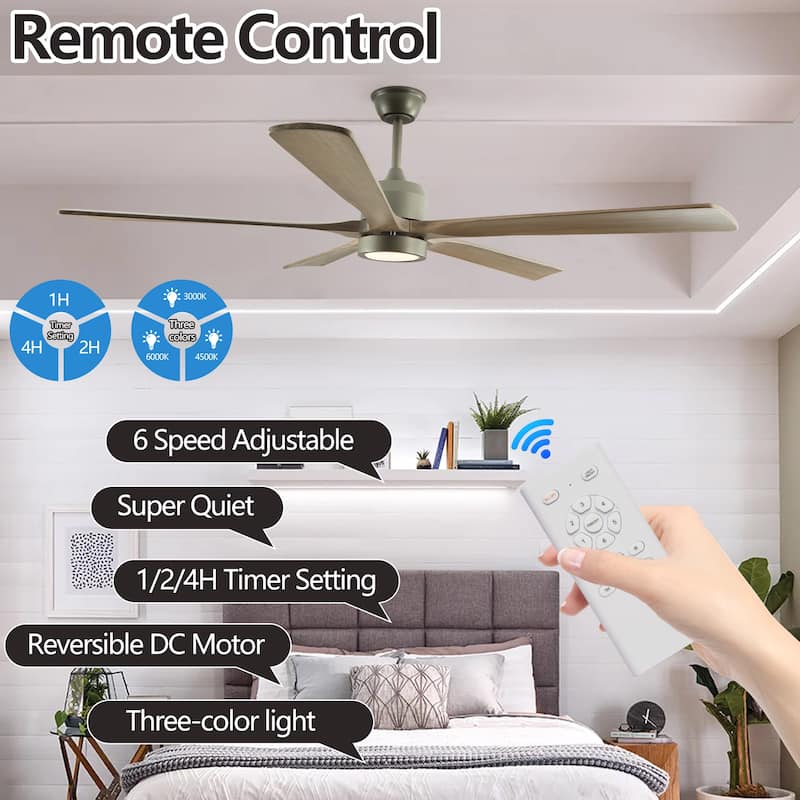 60" Wood Ceiling Fan with Light and Remote Control,6-Speed Noiseless Reversible DC Motor, Ceiling Fan