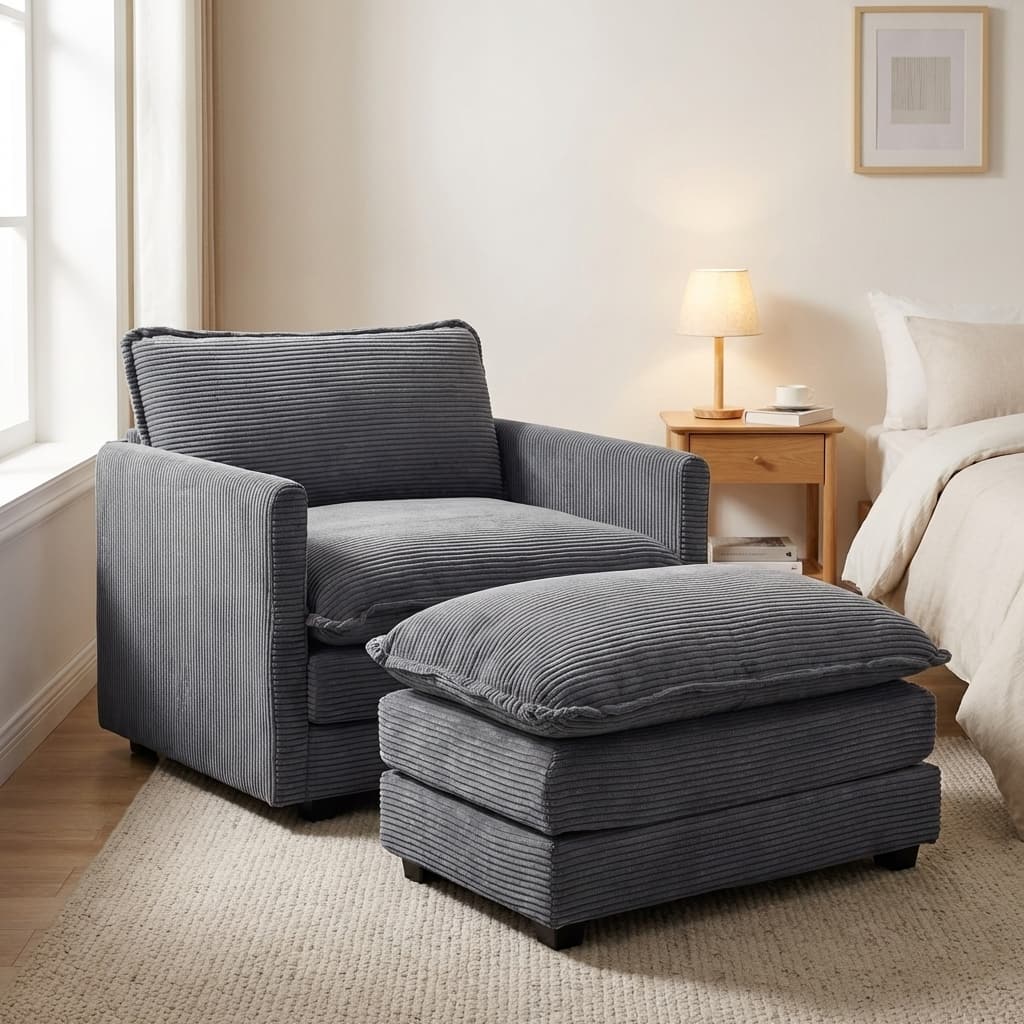 Oversized Corduroy Armchair with Plush Cushions and Movable Ottoman