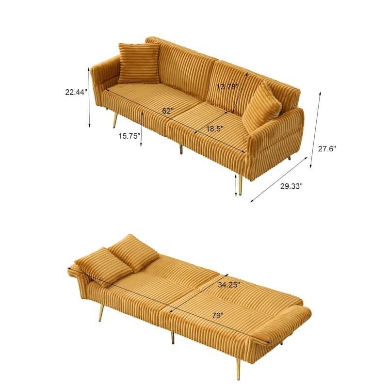 79" Corduroy Foldable Sofa Bed with 3-Position Armrests, High-Resilience Foam, and Metal Legs