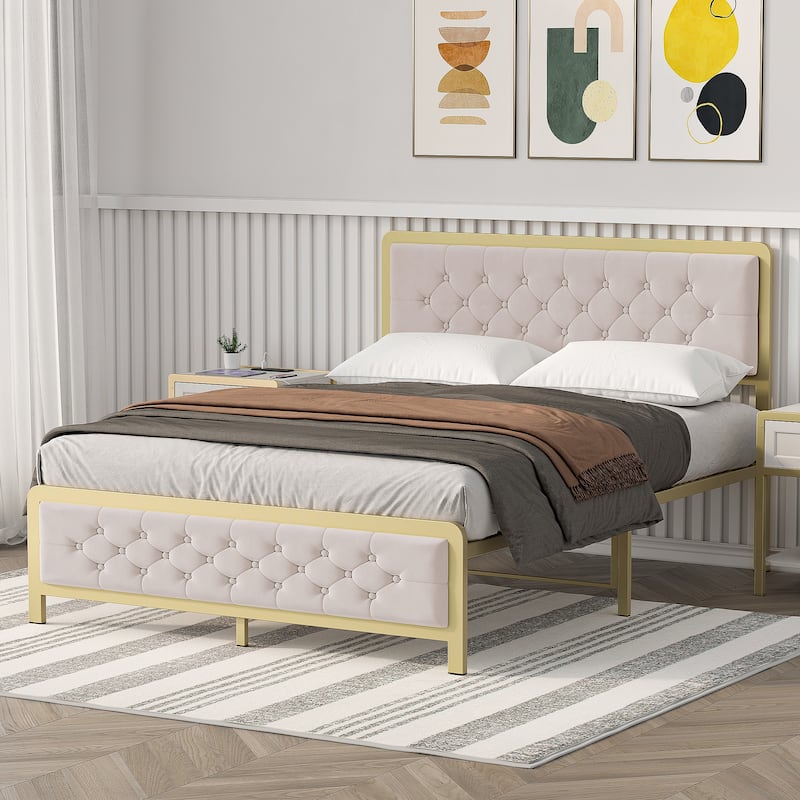 Upholstered Platform Bed Frame with Velvet Button-Tufted Headboard