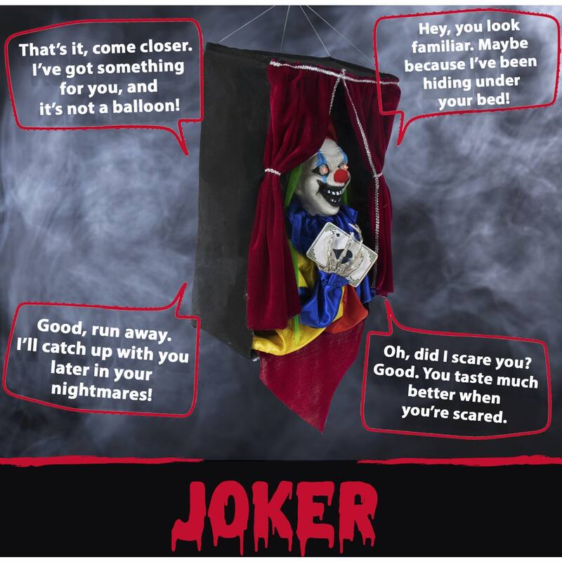 Haunted Hill Farm Animatronic Hanging Clown Prop with Lights and Sound, Indoor/Covered Outdoor Halloween Decoration