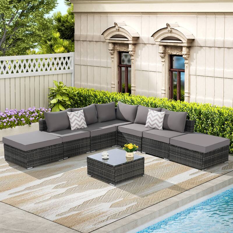 8-Piece Sectional Sofa Set with Washable Cushions & Glass Table