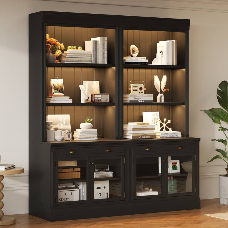 83.4" Tall Bookshelf with LED Lights, 2 Glass Doors & 1 Drawer for Living Room, Home Office - Black + Solid Wood+MDF + Glass*2
