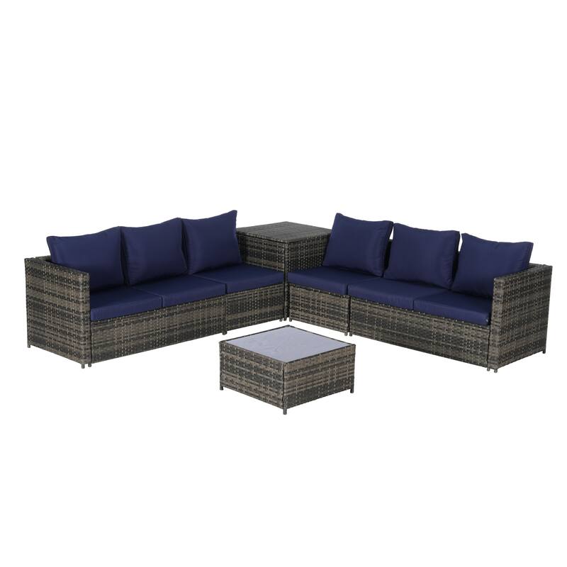 6-Piece Wicker Sectional Sofa Set with Corner & Glass Table