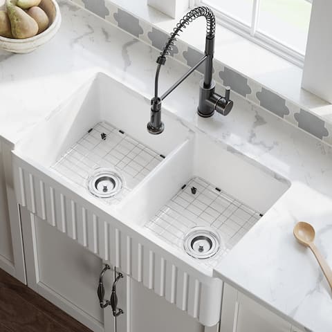 MR Direct 416 Fireclay Farmhouse Kitchen Sink, Ensemble