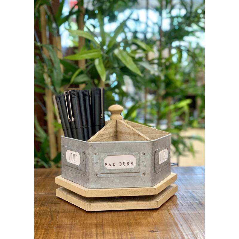 Rae Dunn Galvanized Rotating Desktop Stationary Spinner - Light Wood Tone