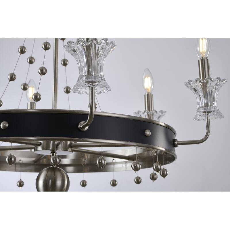 6-Light Satin Nickel And Black Chandelier With Clear Glass Accents