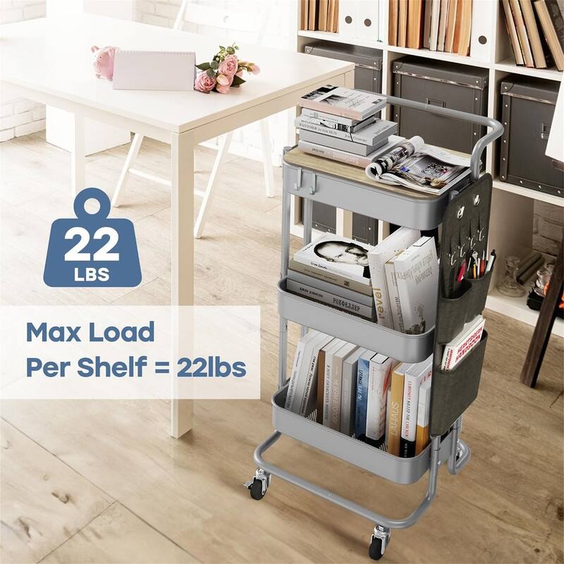 3 Tier Metal Utility Rolling Cart with Table Top and Side Bags - 17.3"D x 18.3"W x 37.3"H