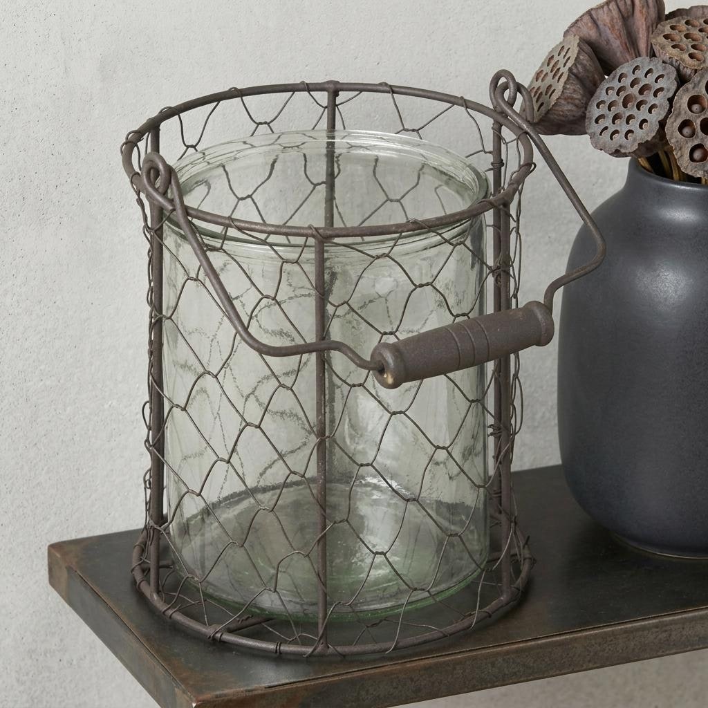HomeRoots 6" Brown and Clear Wire Basket and Glass Jar - 6.00 in. x 6.50 in. x 6.00 in.