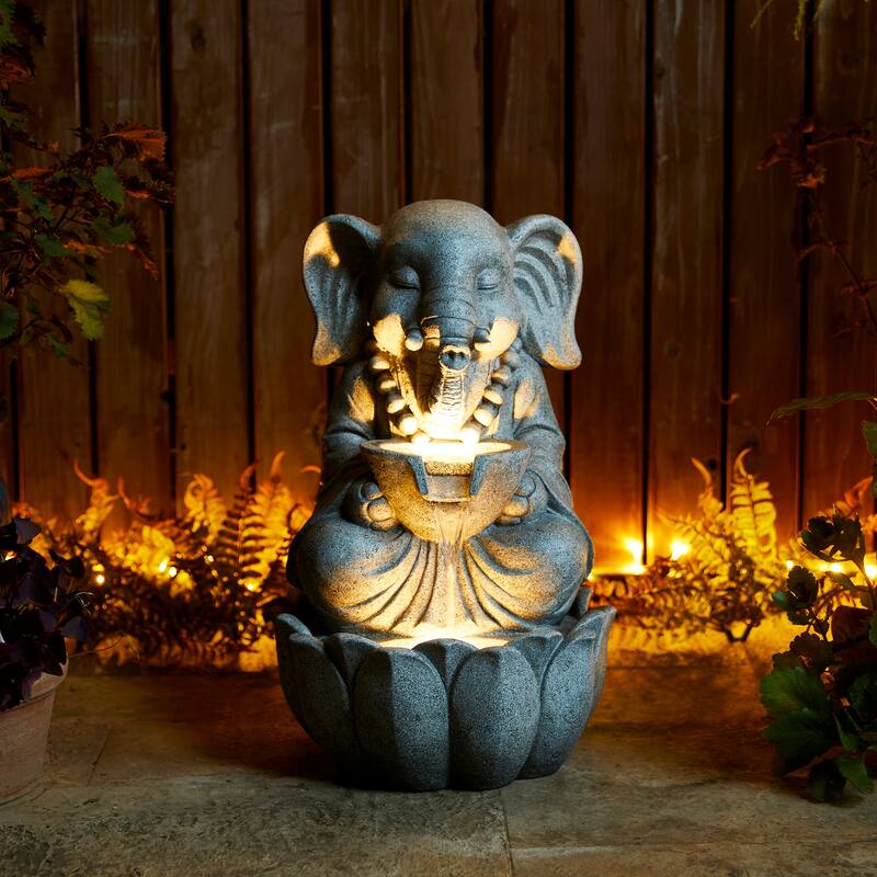 Glitzhome 21.75"H 2-Tiered Lighted Zen Style Frog Elephant Polyresin Outdoor Fountains