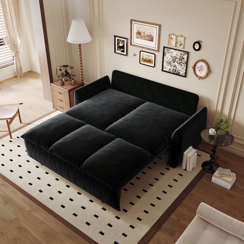 Velvet Loveseat Daybed, Pull Out Sofa Bed with Blanket Set, 3-Seat Convertible Sleeper Sofa with 2-in-1 Pillow - Black