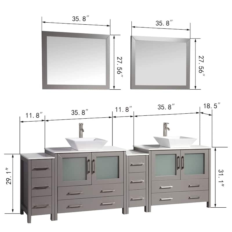 Vanity Art 96" Double Sink Bathroom Vanity Set with Engineered Marble Top and Free Mirror
